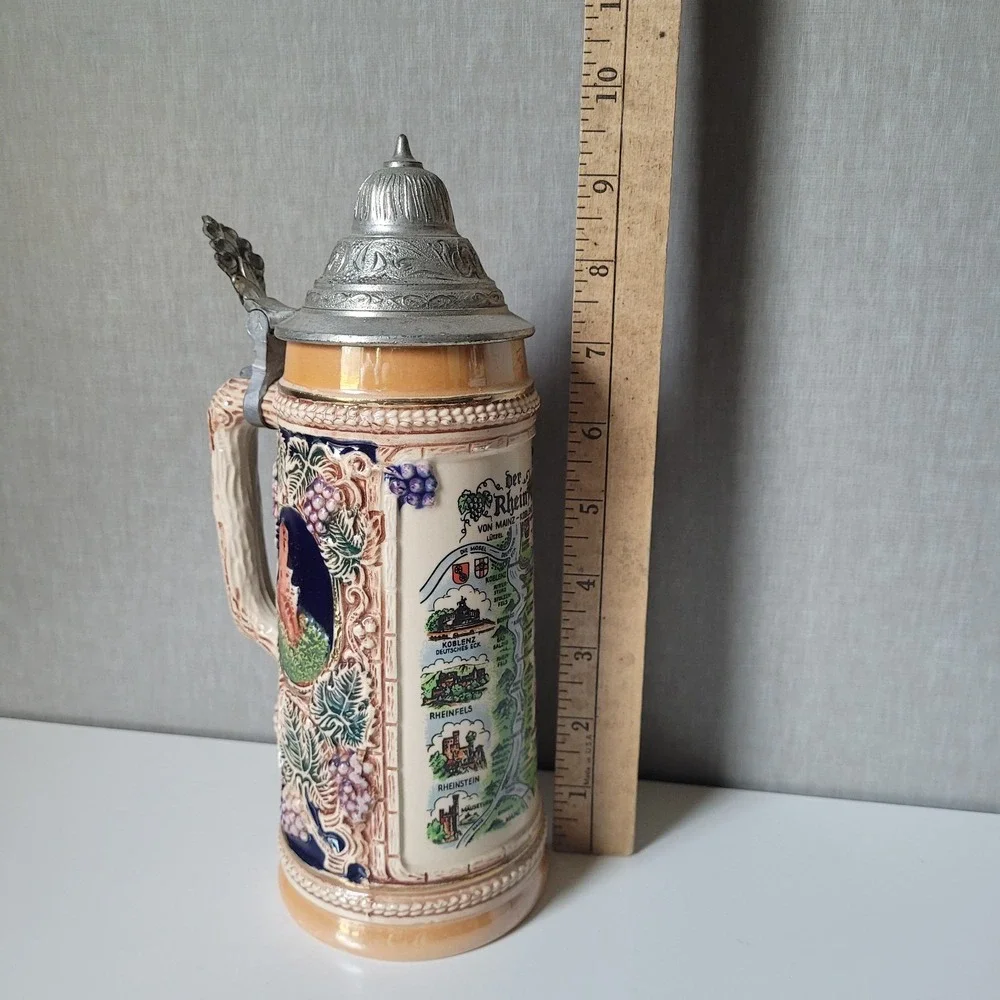 Vintage Thewalt German Beer Stein Lidded Der Rhein Map Castle Relief Handpainted